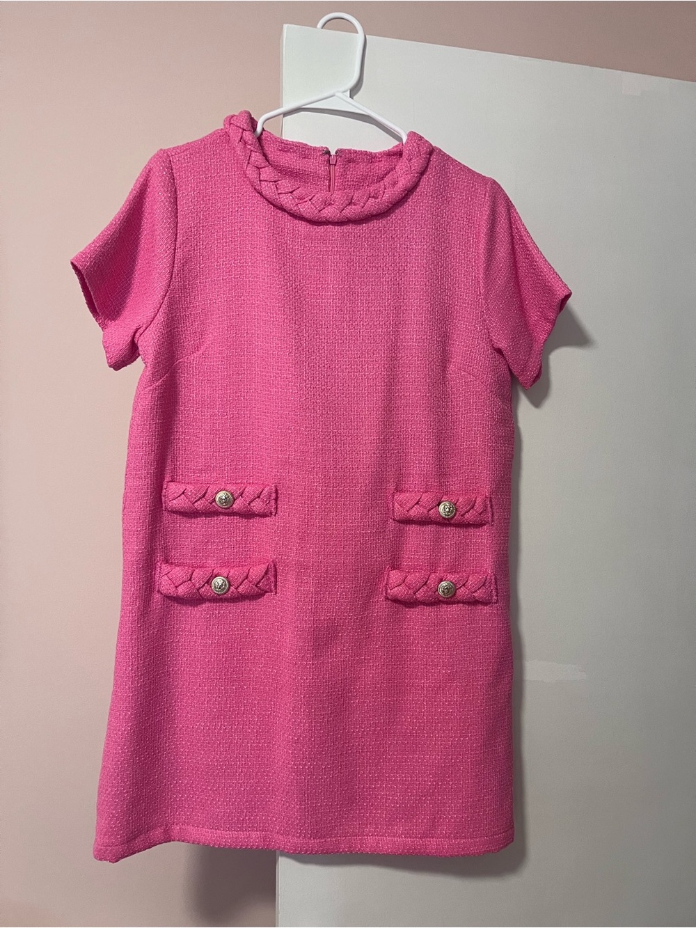 Girls' Pink Short Sleeve Braided Collar Dress